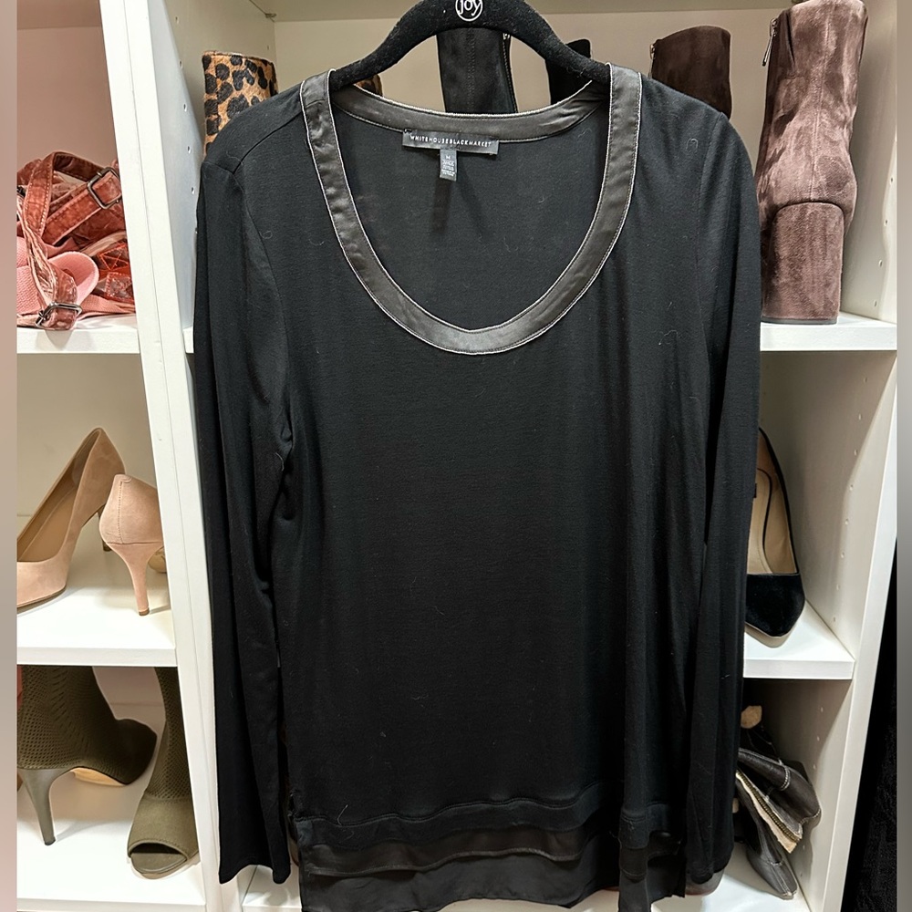 NWOT WHBM black crepe top with satin trim size M
